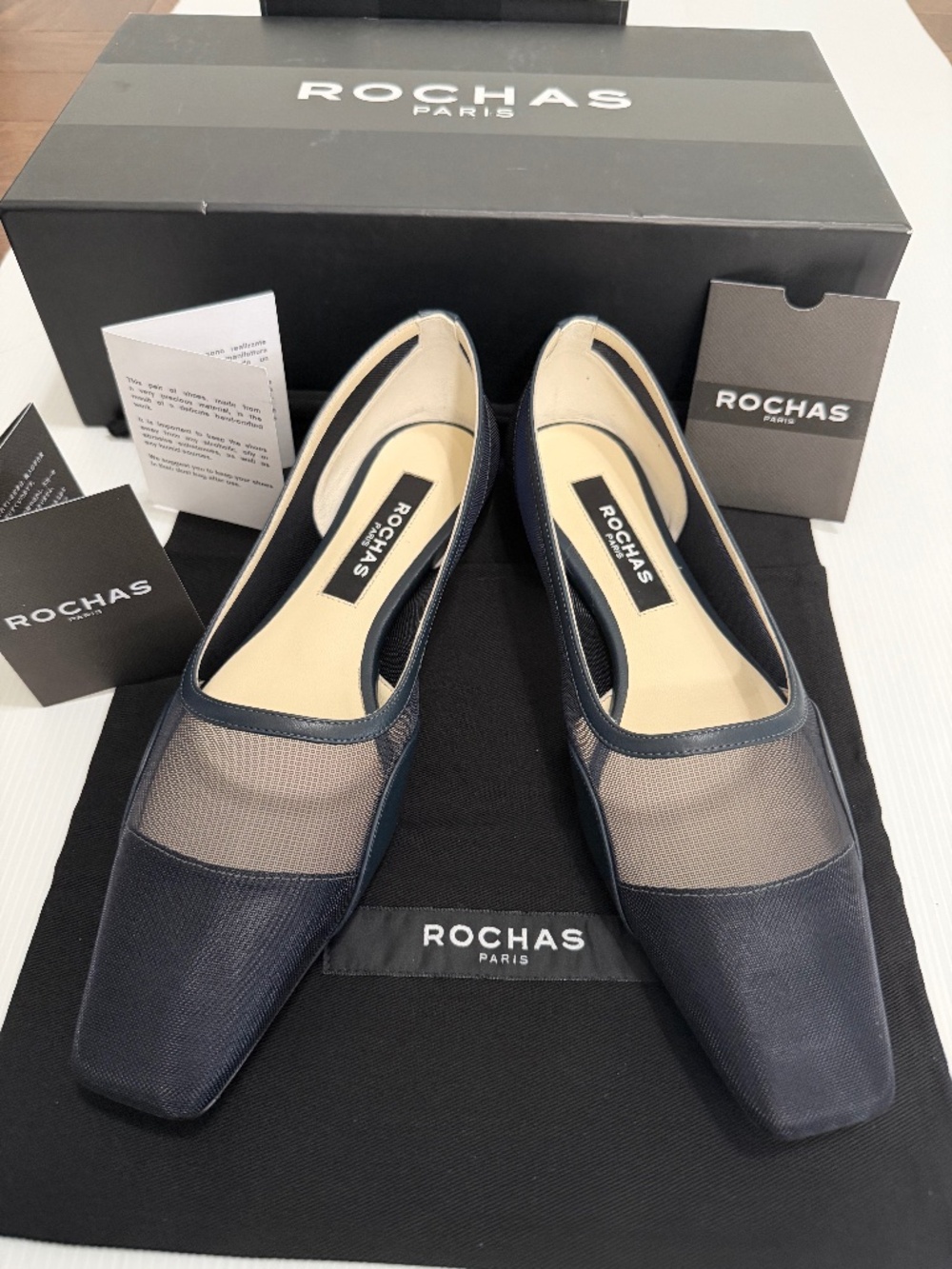 Rochas Paris Sheer Mesh Square Toe Ballet Flats - Navy Blue 37